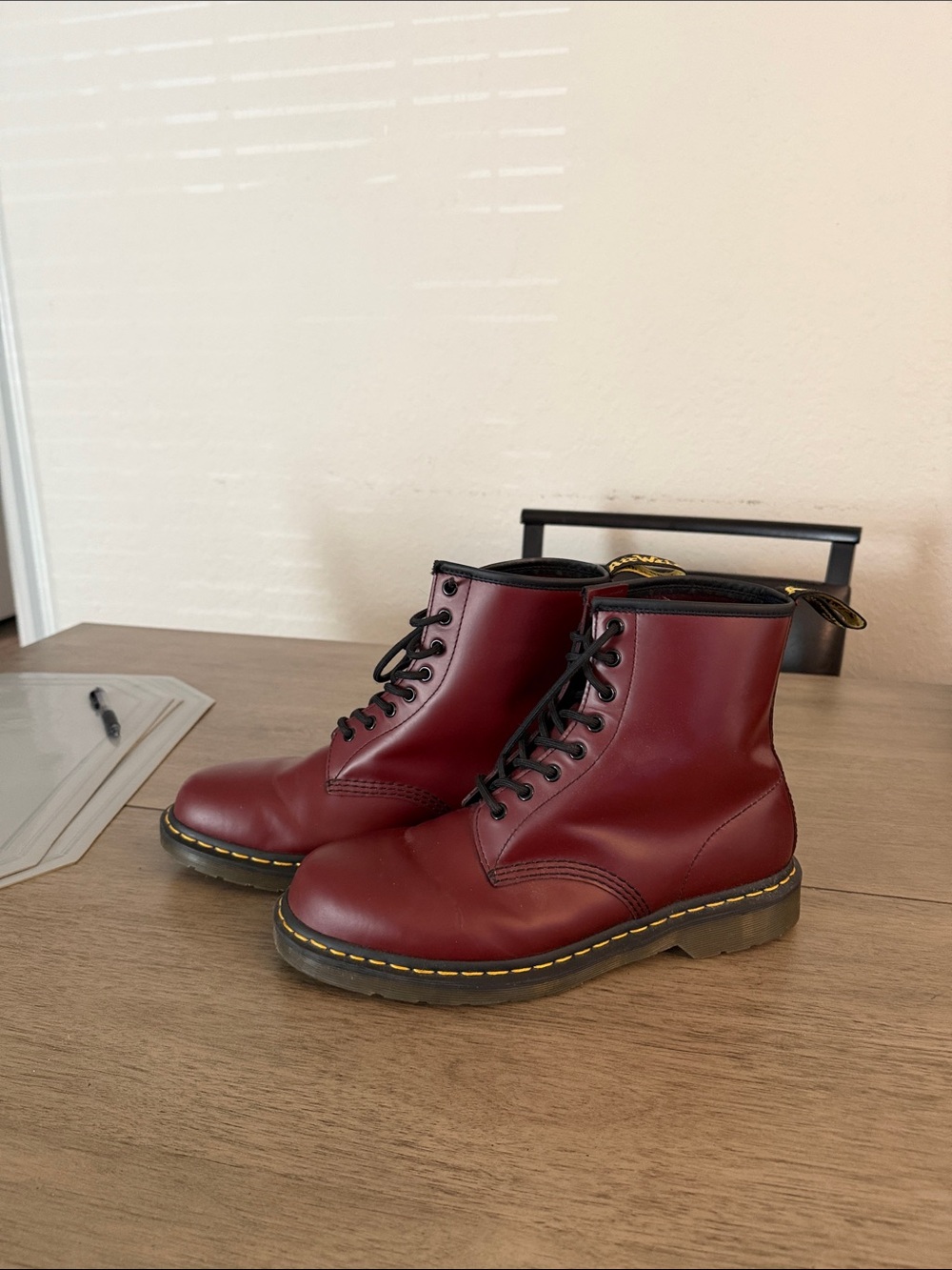 Cherry Red Leather Lace-Up Boots with Yellow Stitching - Picture 3 of 4